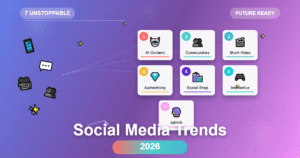 7 social media trends for 2026 showing AI content, micro-communities, short video, authenticity, social commerce, and AR/VR