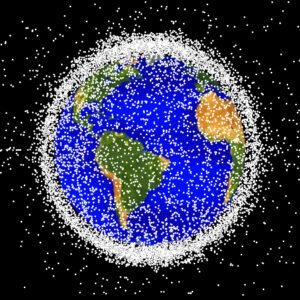 Visualization of space debris objects tracked around Earth in low orbit, on the way to the Moon, NASA graphic