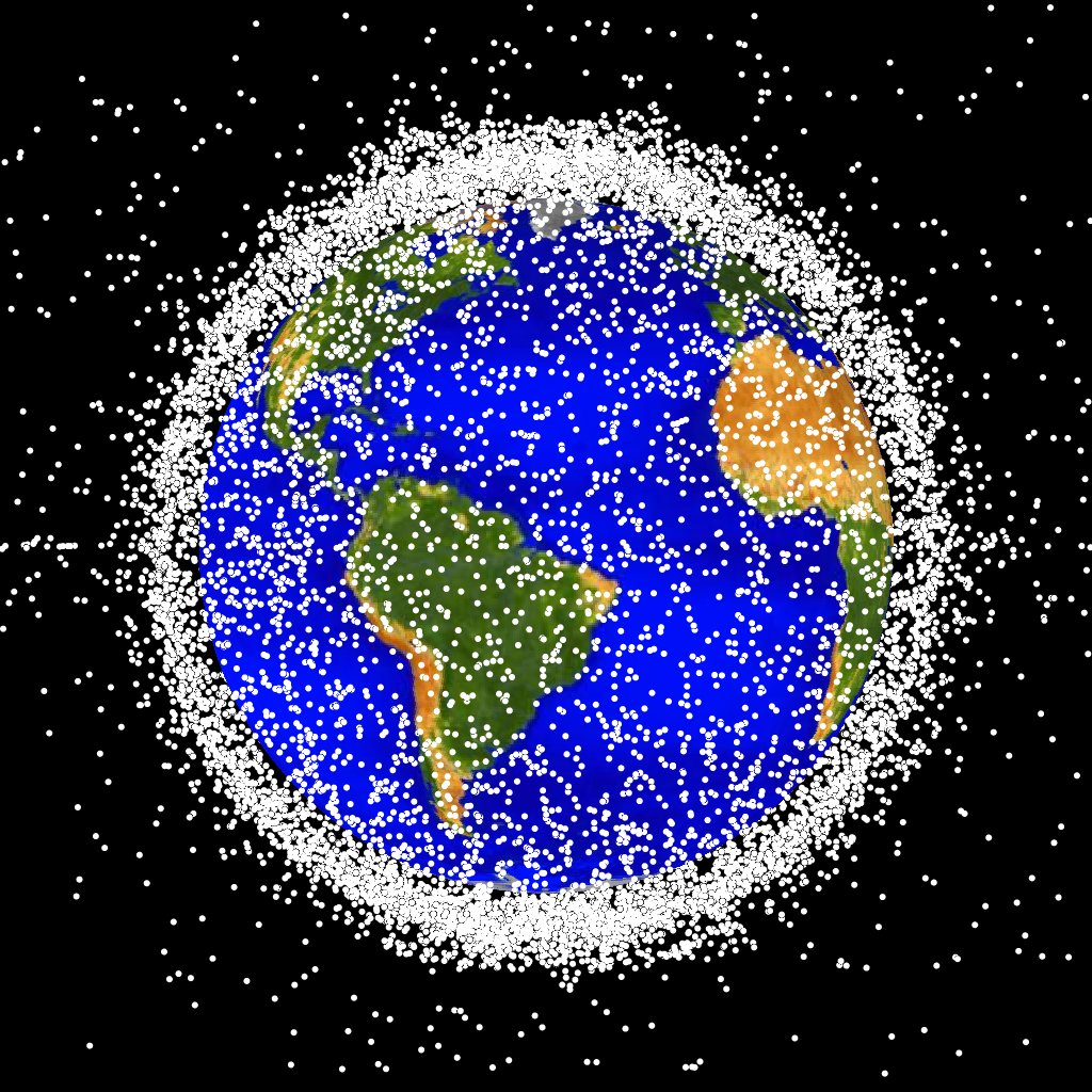 Visualization of space debris objects tracked around Earth in low orbit, on the way to the Moon, NASA graphic
